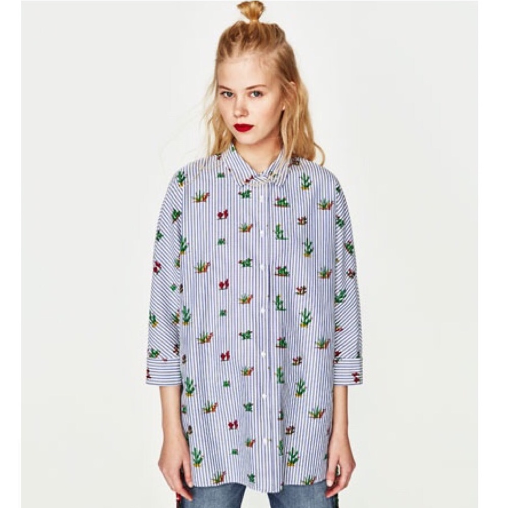 Zara Stripe Cactus Print Button Down Top - image 1